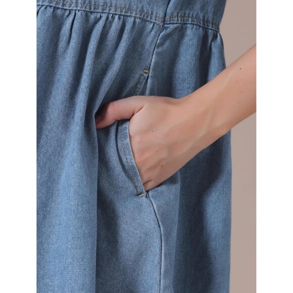 Women's Plus Size Denim Dress Babydoll Short Sleeve Button Down Mini - Picture 5 of 6